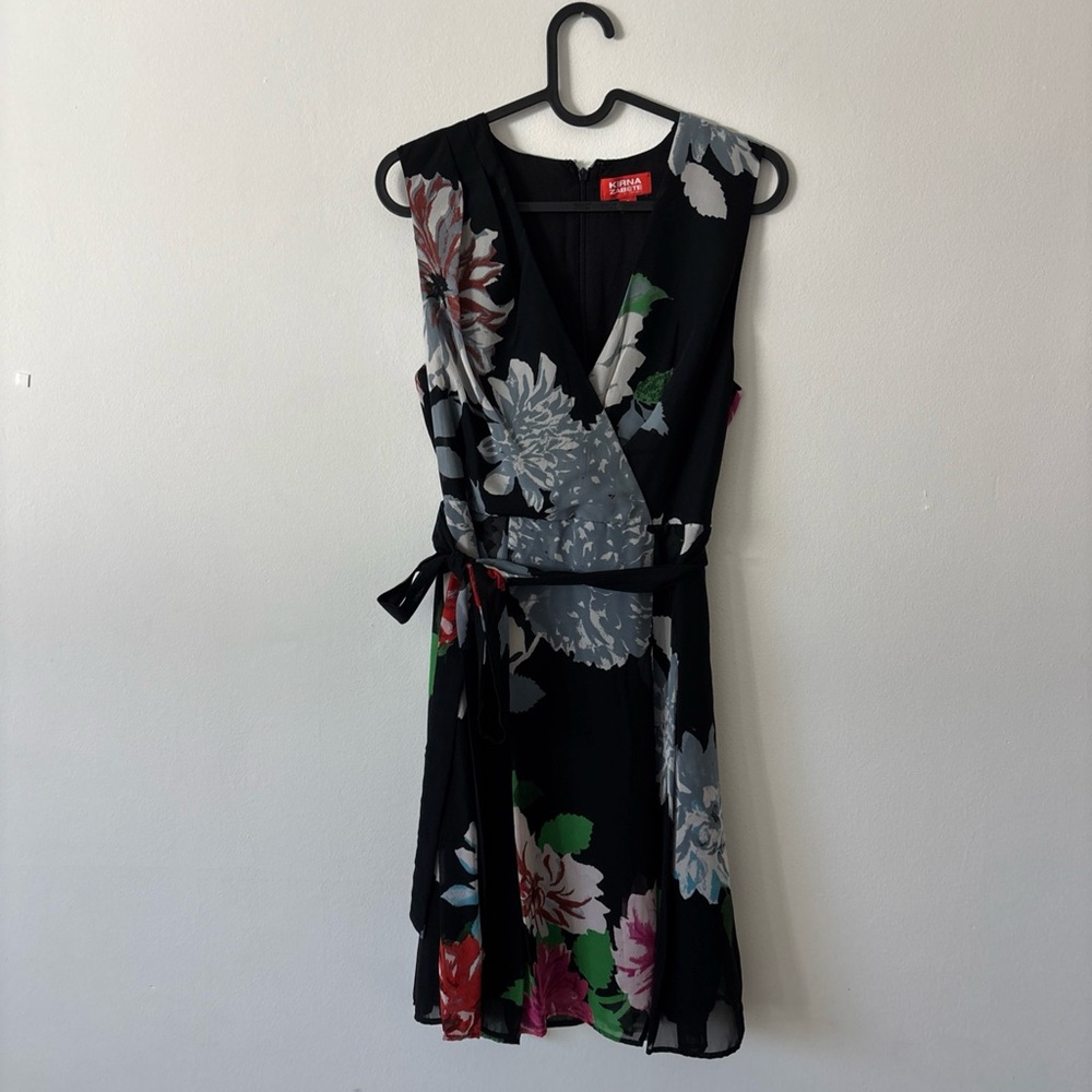 Floral Wrap Mini Dress - Black with Multicolor Blooms